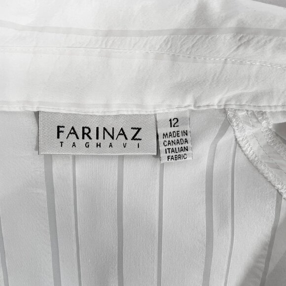 Farinaz Taghavi Ruched Blouse Size 12 White Sheer Stripes Abalone Button Down - Picture 8 of 9